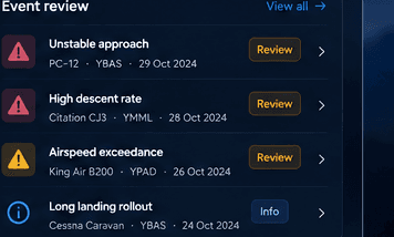 Event review panel showing flagged events including unstable approach, high descent rate and airspeed exceedance