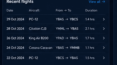 Recent flights list showing date, aircraft, route and duration